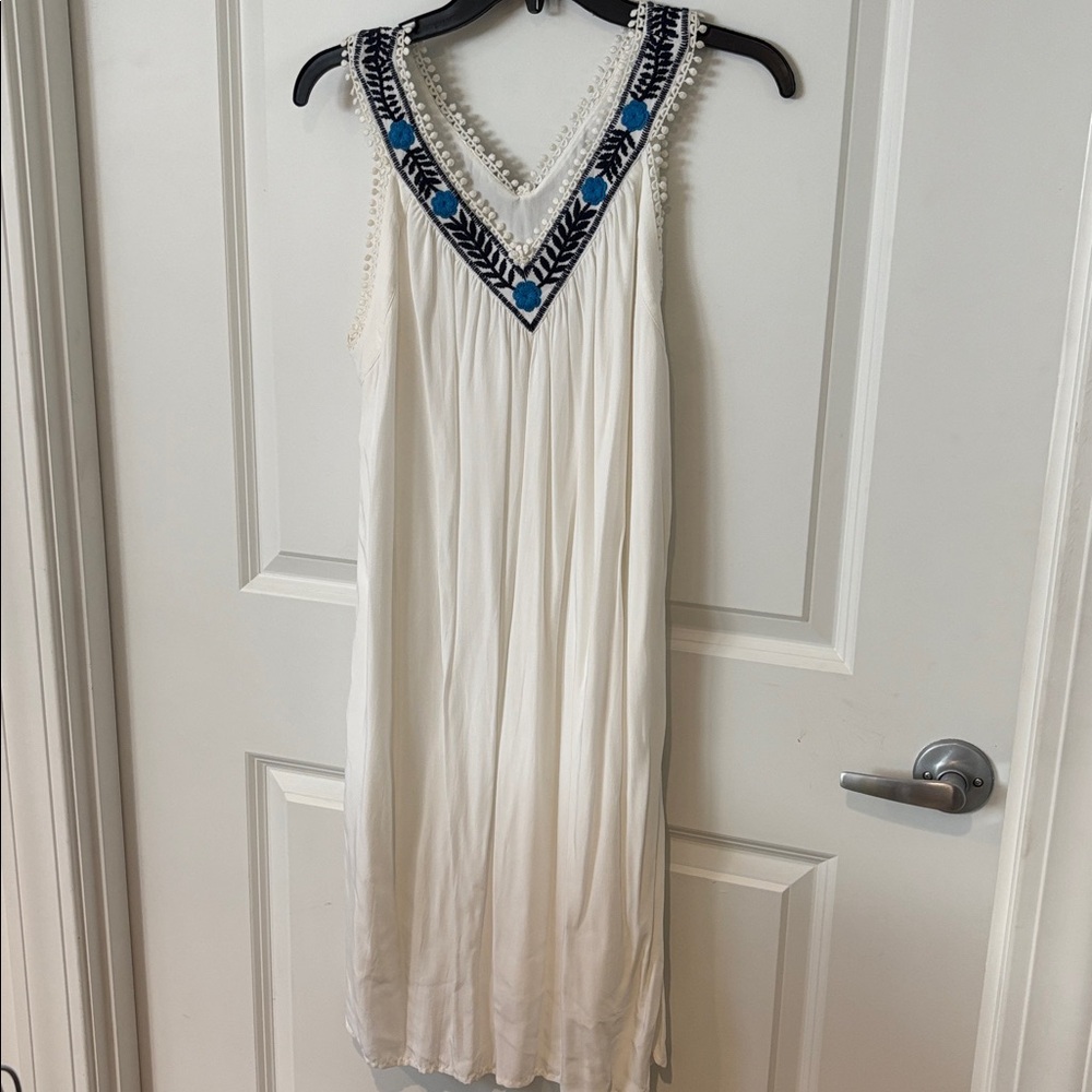 LOFT White Mini Dress with Blue Embroidery